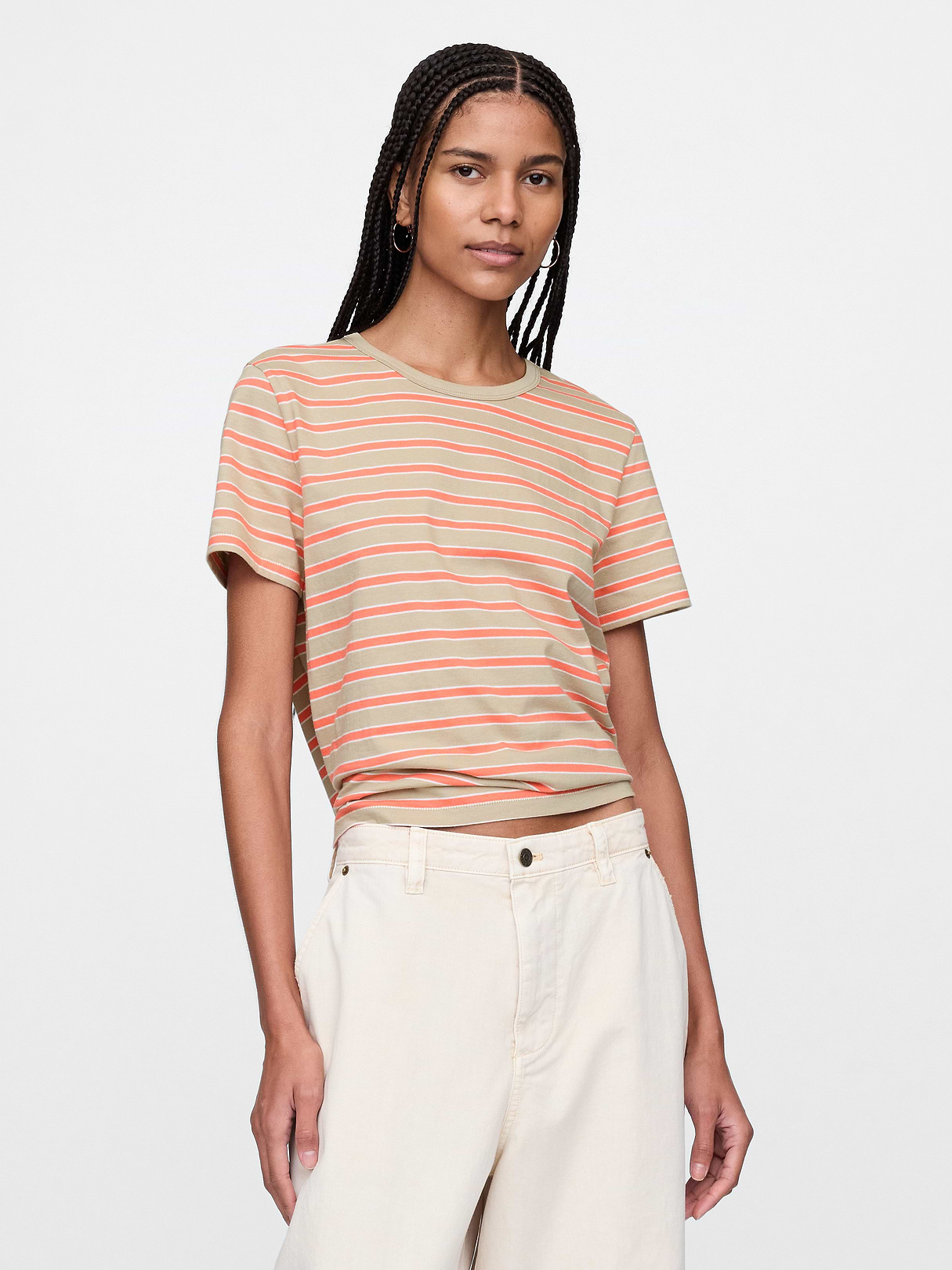 Organic Cotton VintageSoft T-Shirt - Coral pink and khaki tan stripe
