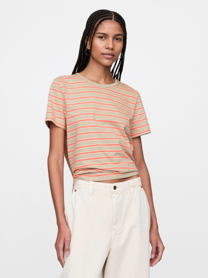 Organic Cotton VintageSoft T-Shirt - Coral pink and khaki tan stripe