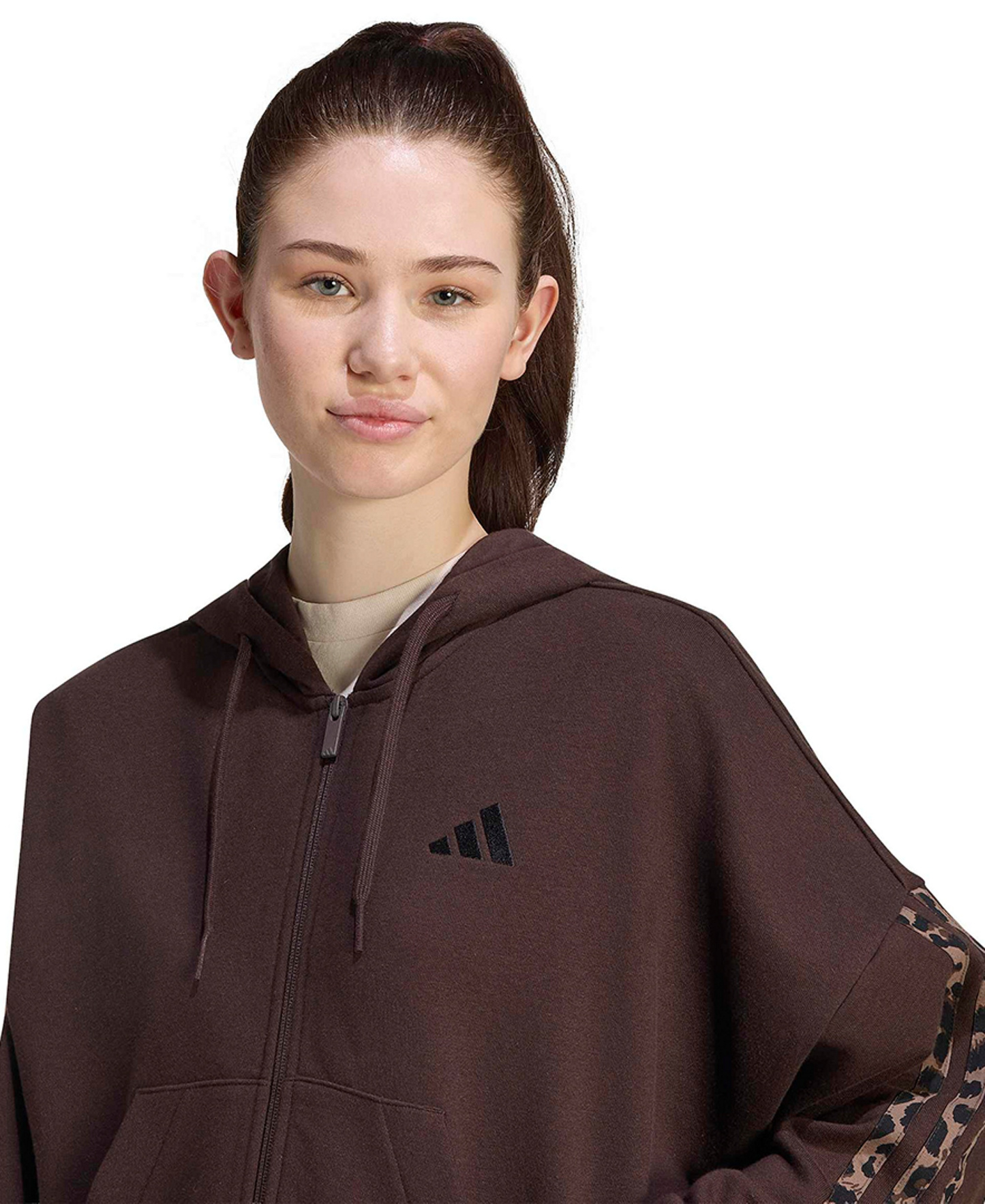 adidas Women's Seasonal Essentials Animal Print 3-Stripes Hooded Track Jacket - Aurora Coffee/Multicolor/Preloved Brown