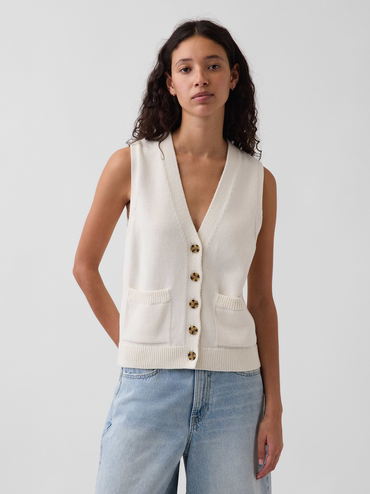 100% Cotton Pocket Sweater Vest - Ivory beige frost