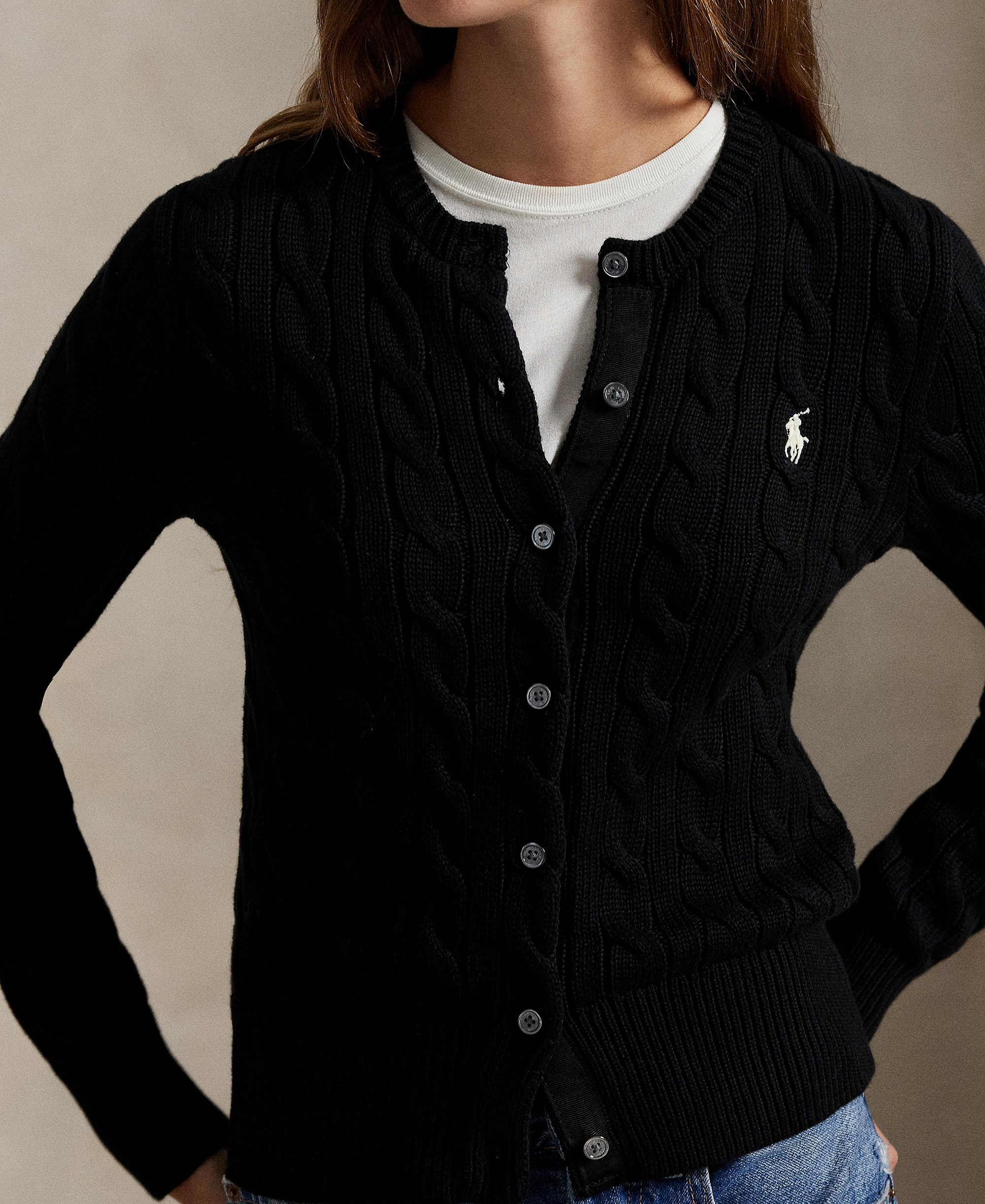Polo Ralph Lauren Women's Cable-Knit Cotton Crewneck Cardigan Sweater - Polo Black