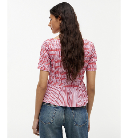 Tommy Hilfiger Women's Smocking Striped Boat Neck Cotton Top - Pink Multi Stripe