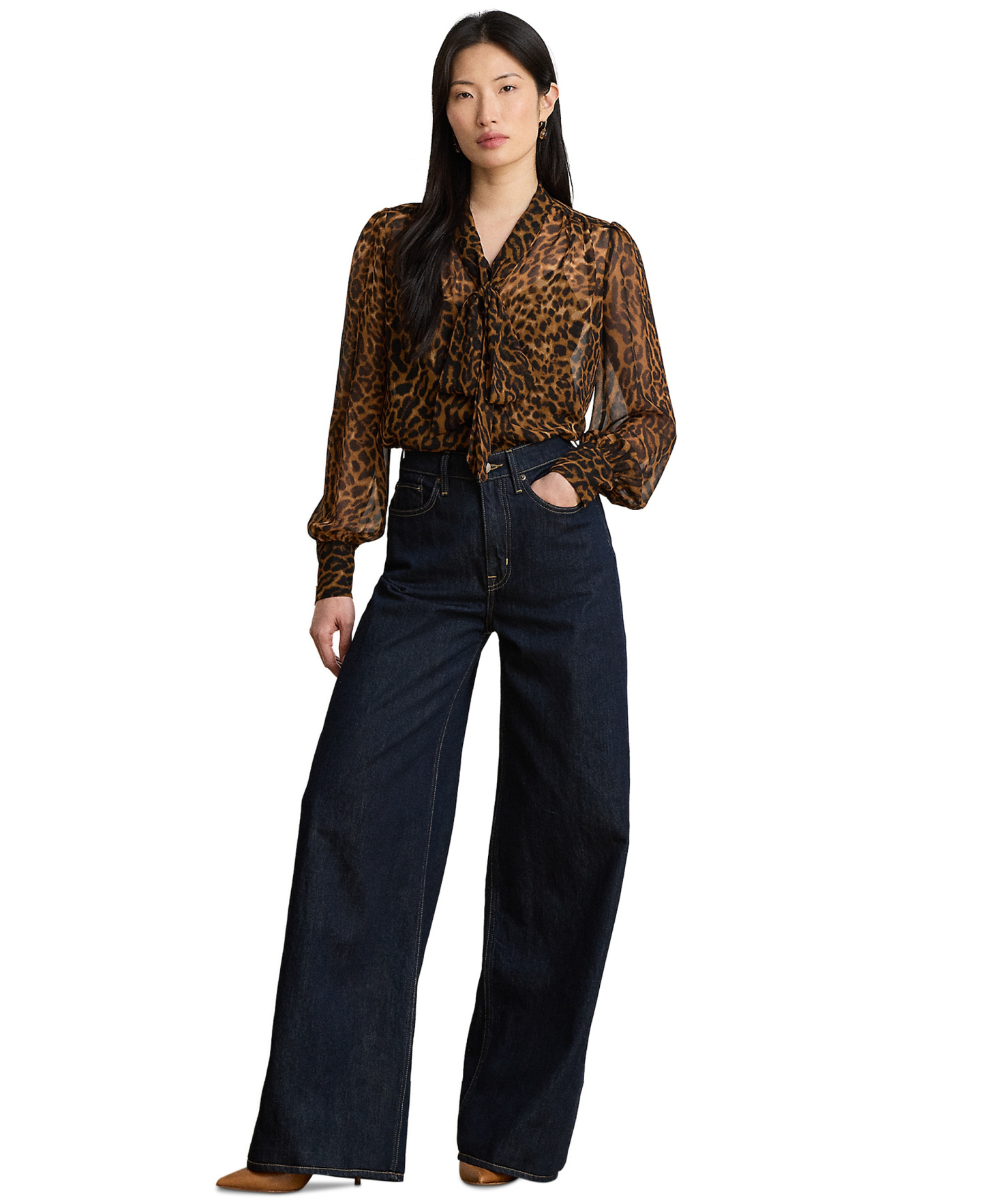 Lauren Ralph Lauren Women's Ocelot-Print Chiffon Tie-Neck Blouse - Tan Multi