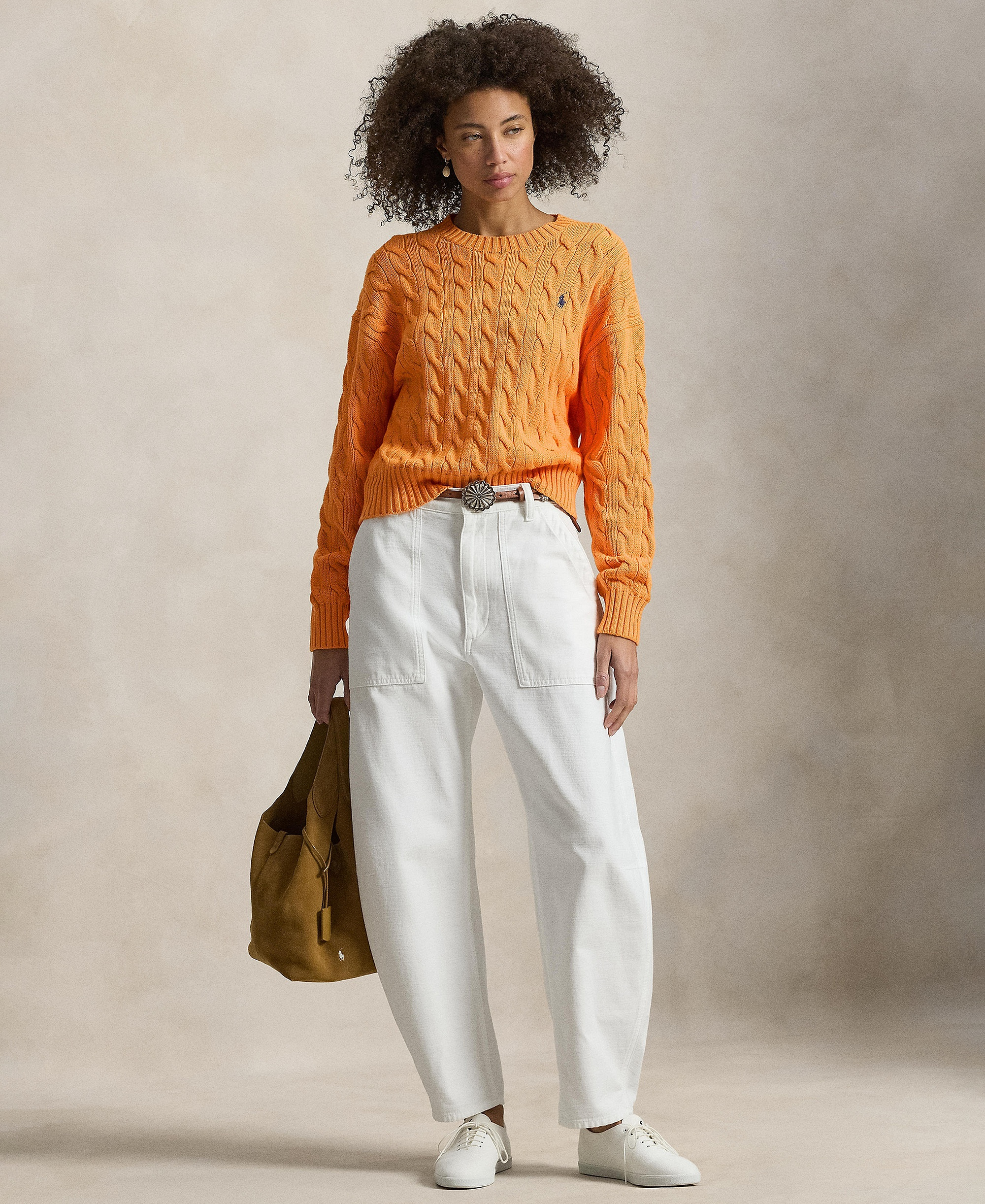 Polo Ralph Lauren Women's Cable-Knit Cotton Crewneck Sweater - Soft Clementine