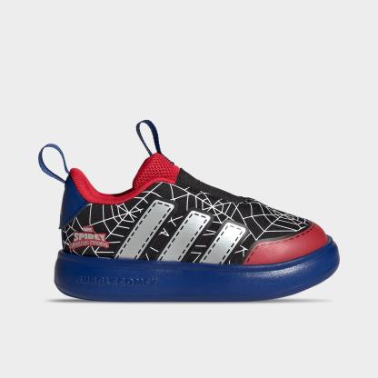 Kids' Toddler adidas x Marvel Spider-Man Bubblecomic Laceless Casual Shoes - Core Black/Silver Metallic/Team Royal Blue - Left shoe facing left. Outside of the shoe.