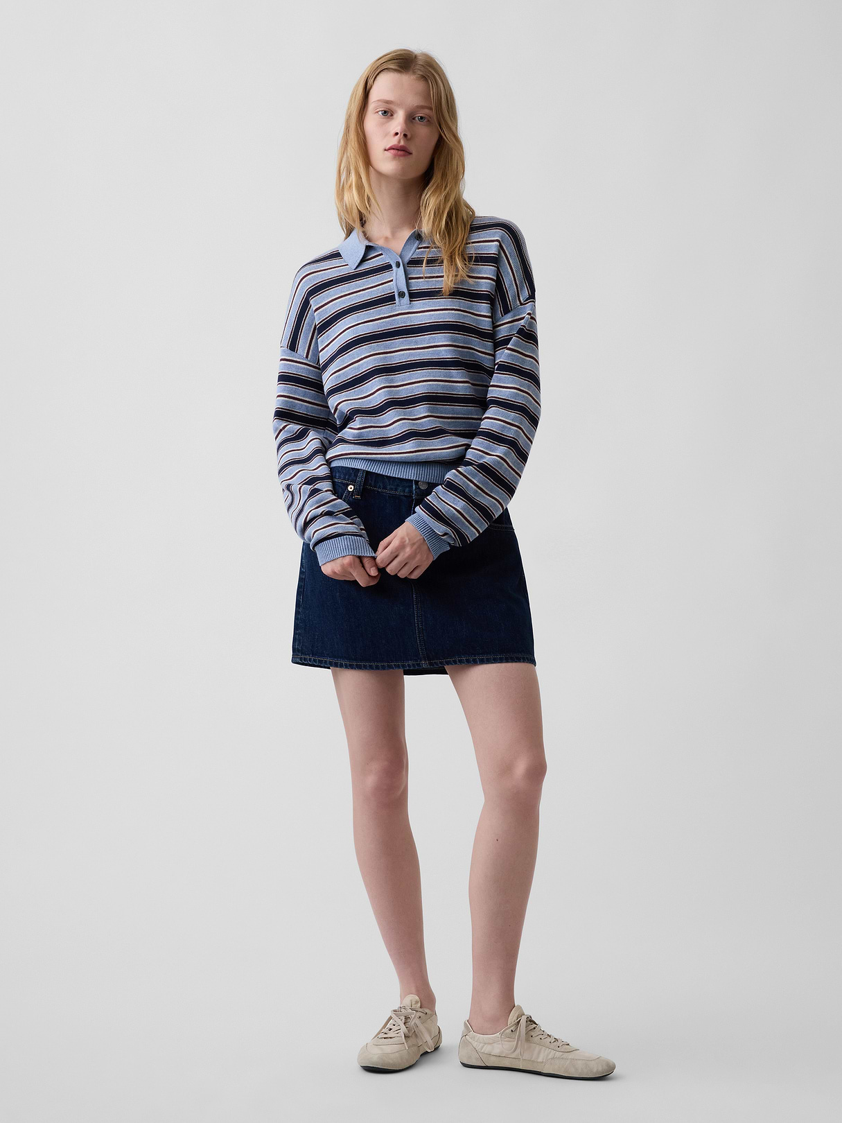 100% Cotton Relaxed Polo Sweater - Blue stripe