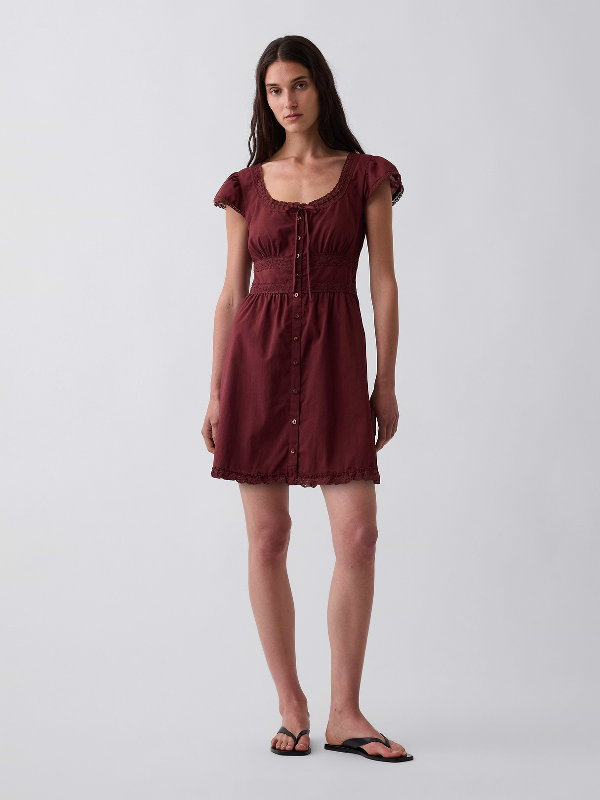 Scoop Neck Lace-Trim Mini Dress - Andorra red brown