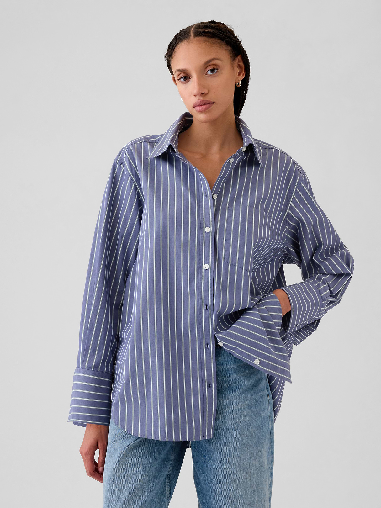 Organic Cotton Poplin Stripe Big Shirt - Blue and green stripe