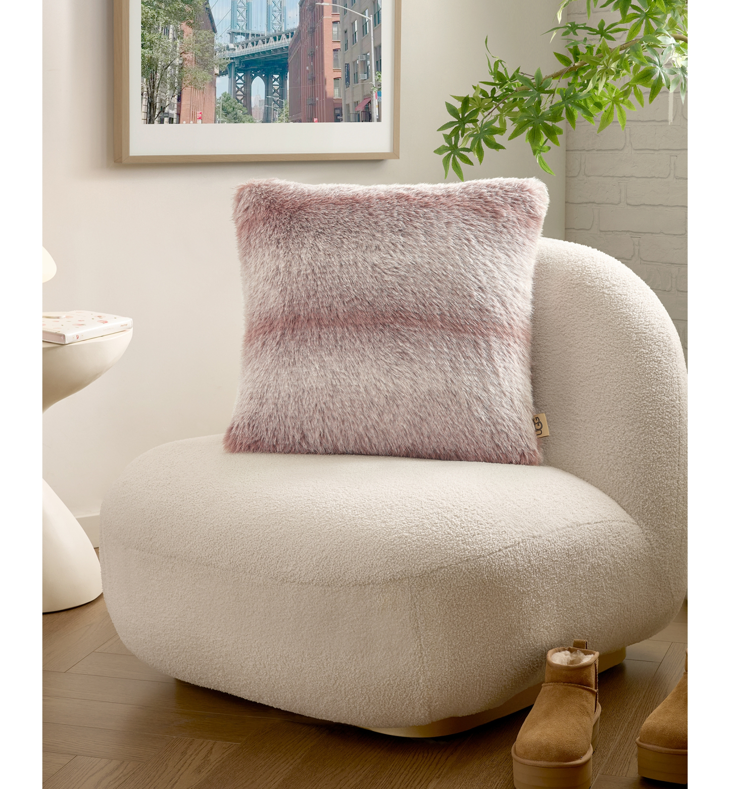 UGG® Clyde Faux Fur Pillow, 20" x 20" - Rosewood, Snow