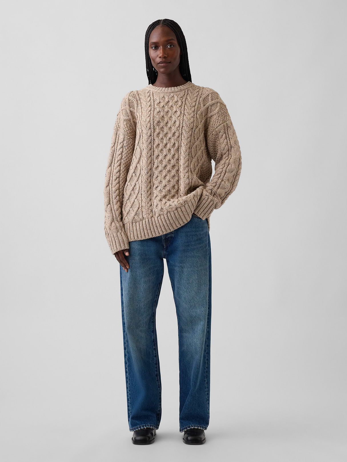 100% Cotton Cable-Knit Oversized Sweater - Cobblestone beige