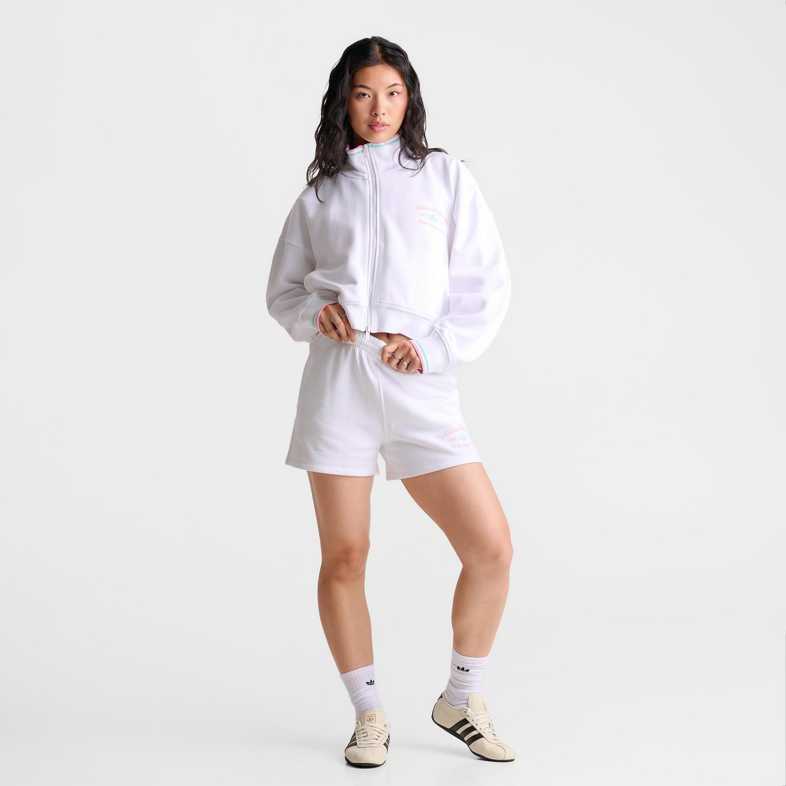 Women's adidas Originals Classic Sport Script Logo Fleece Shorts - White/True Pink/Clear Mint - view 2