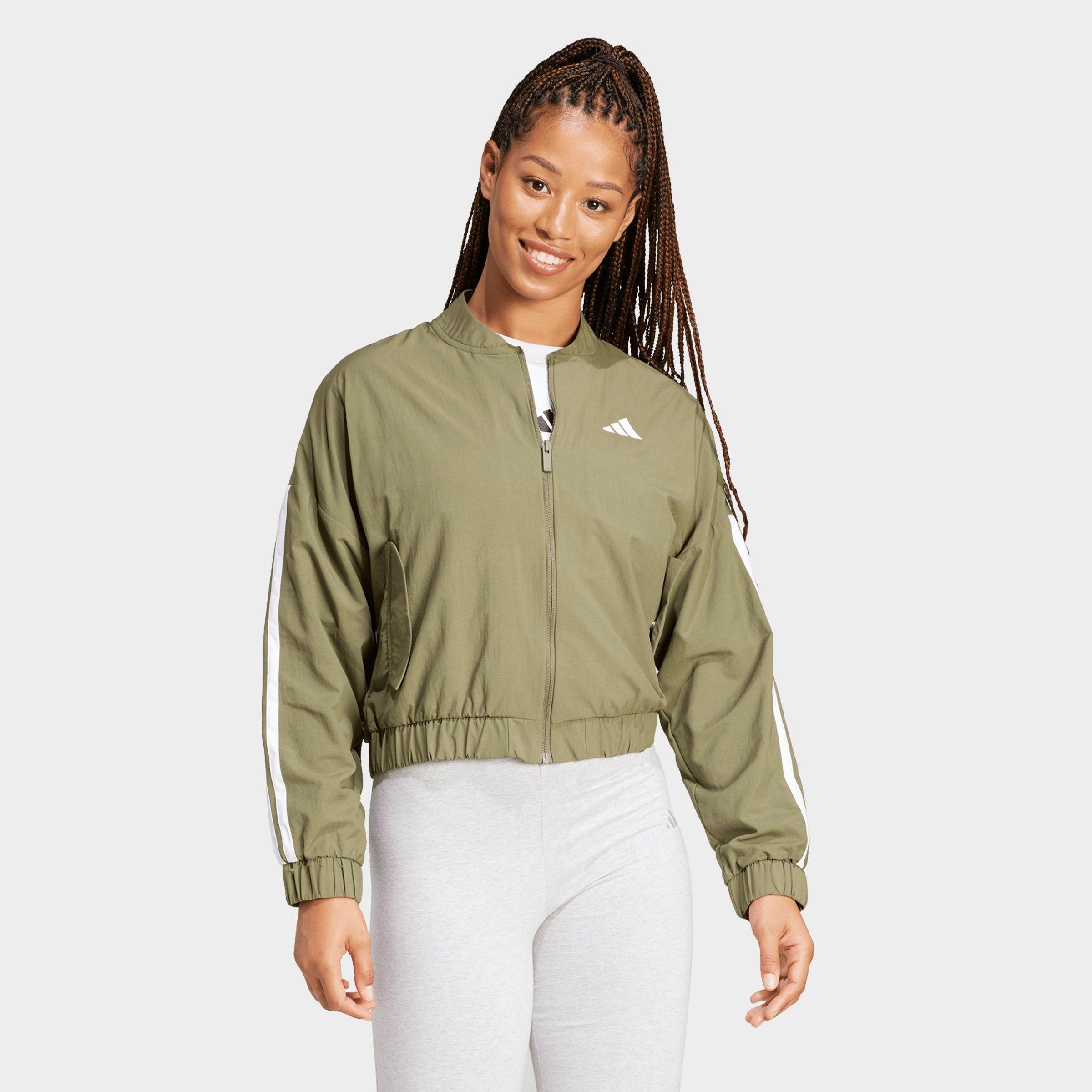 Women's adidas Sportswear Essentials 3-Stripes Lifestyle Woven Full-Zip Bomber Jacket - Olive Strata/White