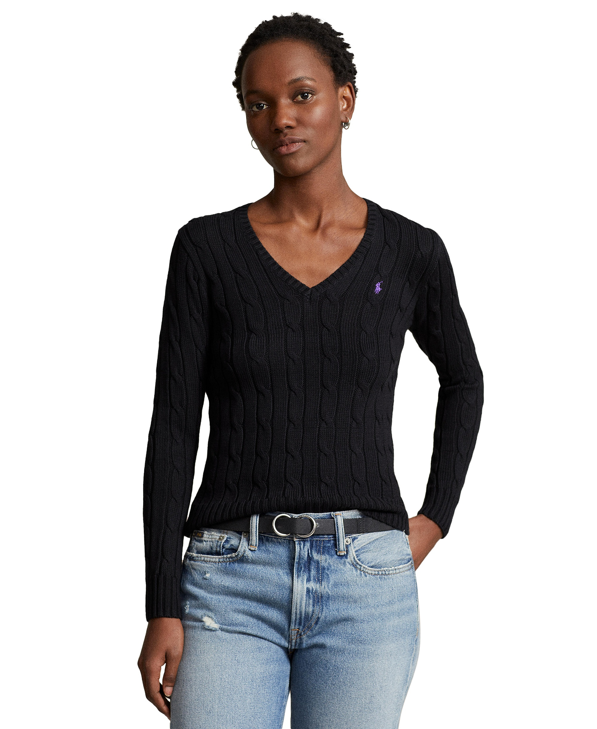 Polo Ralph Lauren Women's Cable-Knit Cotton V-Neck Sweater - Polo Black