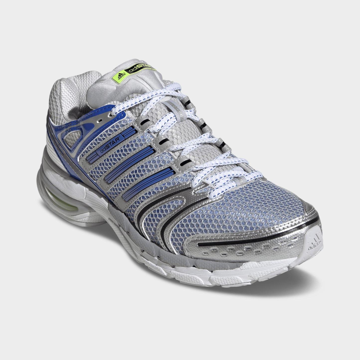 Men's adidas Adistar Control 5 Casual Shoes - Part 1 - Silver Metallic/Hi-Res Blue/Lucid Lemon - Both shoes facing left