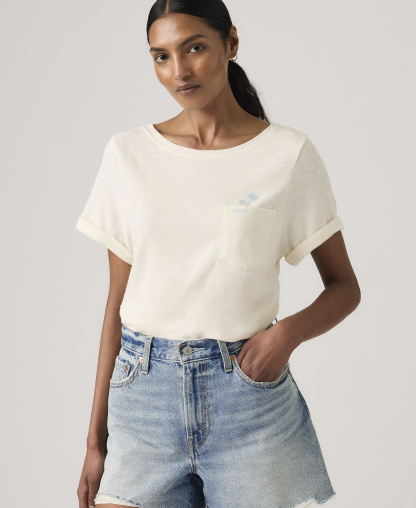 Levi's Women's Graphic Julie Pocket Crewneck Cotton T-Shirt - Simple Daisies Pocket Chateau Gray