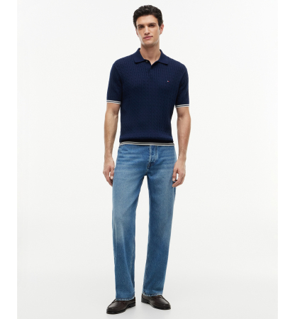Tommy Hilfiger Men's Cable Knitted Short-Sleeve Sweater Polo Shirt - Carbon Navy