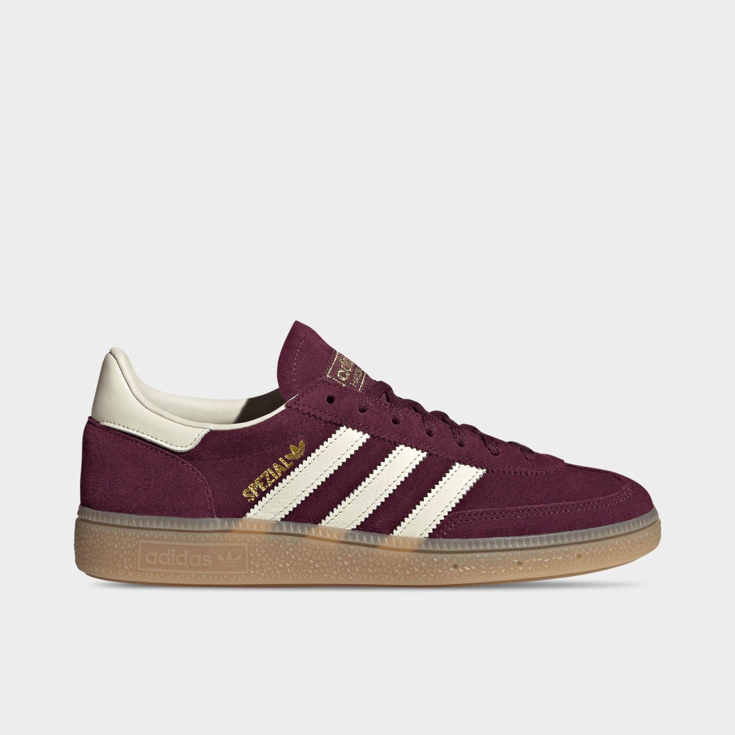 Women's adidas Originals Handball Spezial Casual Shoes - Part 3 - Maroon/Cream White/Gold Metallic - Left shoe facing left. Outside of the shoe.