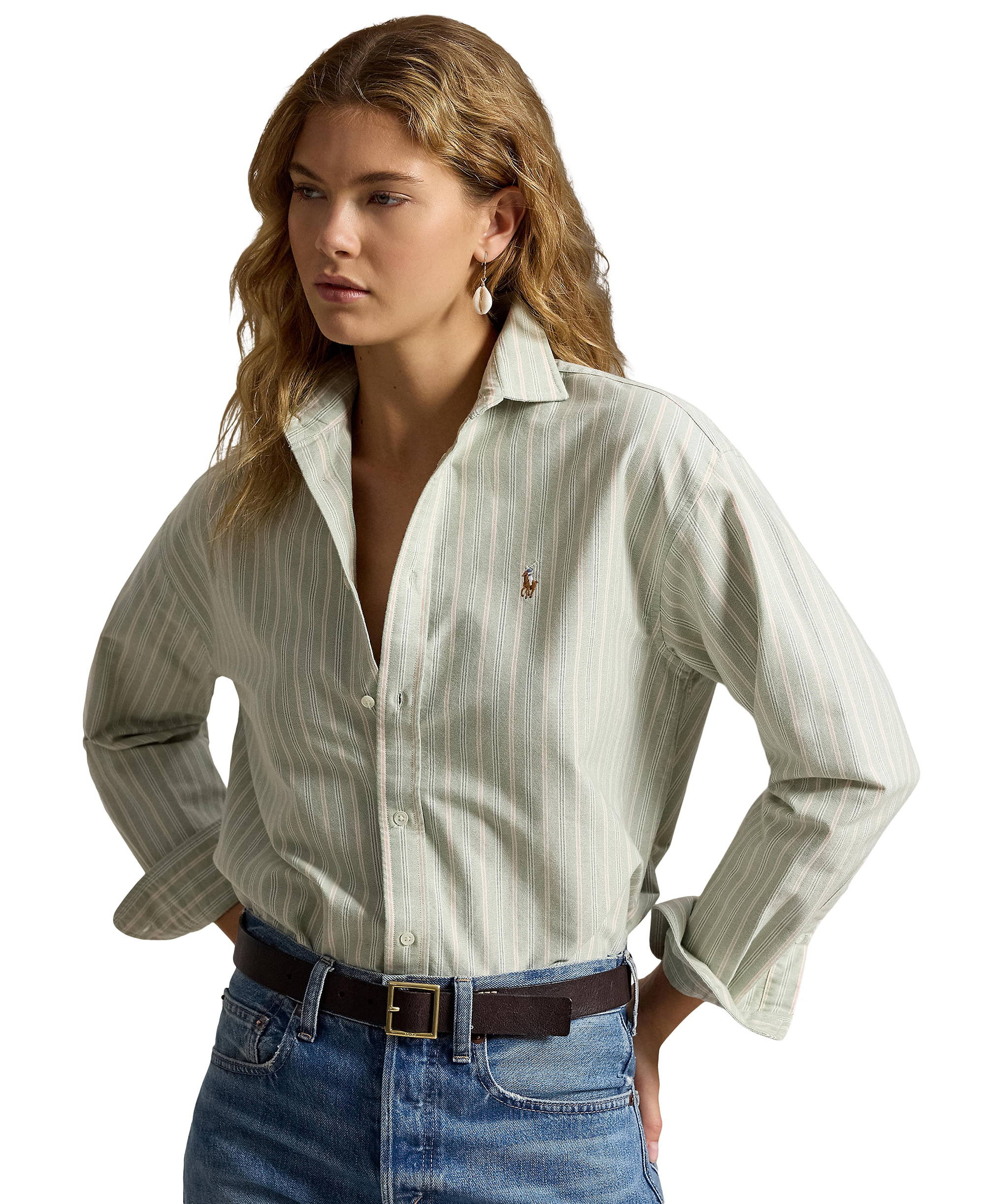 Polo Ralph Lauren Women's Point Collared Relaxed-Fit Shirt - Green Pink