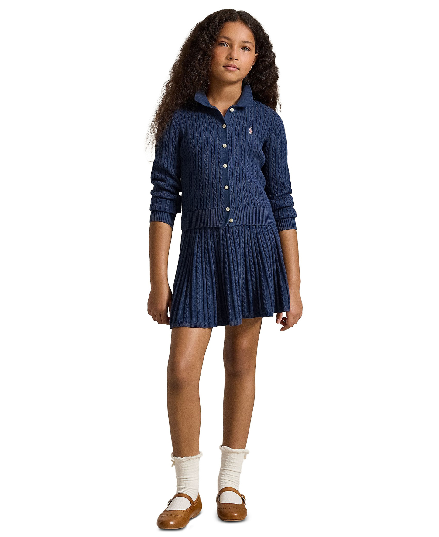 Polo Ralph Lauren Girls' 7-16 Polo Cardigan Sweater and Skirt, 2-Piece Set - Rustic Navy