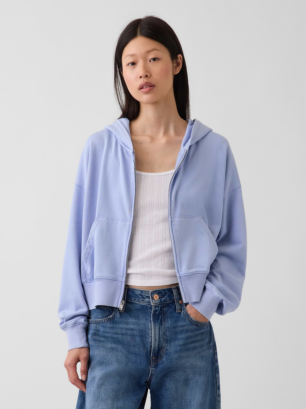 VintageSoft Terry Oversized Wedge Zip Hoodie - Light blue