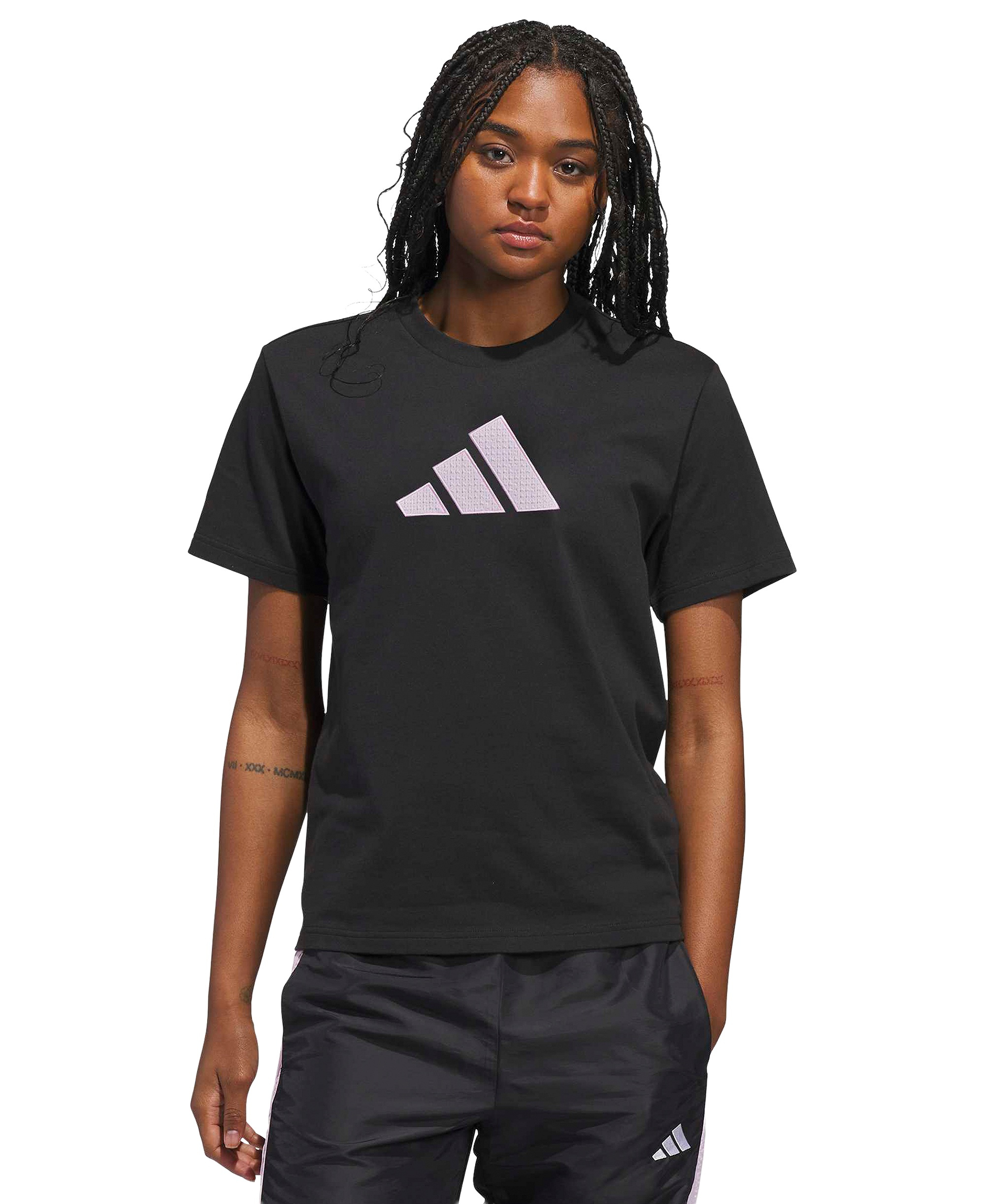 adidas Women's Gingham Big Logo Graphic Crewneck Cotton T-Shirt - Black