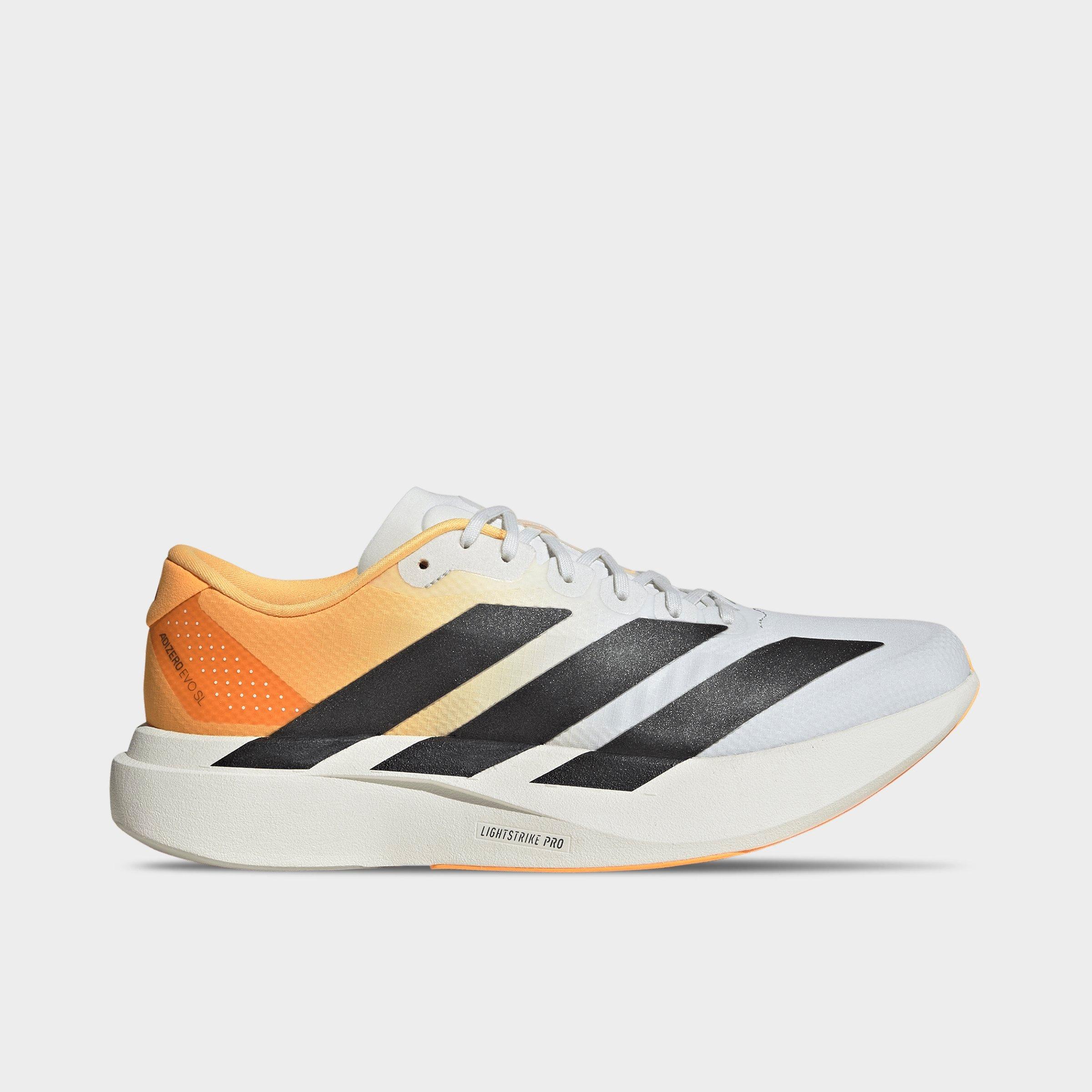 Men's adidas Adizero EVO SL Woven Running Shoes - Part 1 - Crystal White/Lucid Tangerine/Iron Metallic - Left shoe facing left. Outside of the shoe.