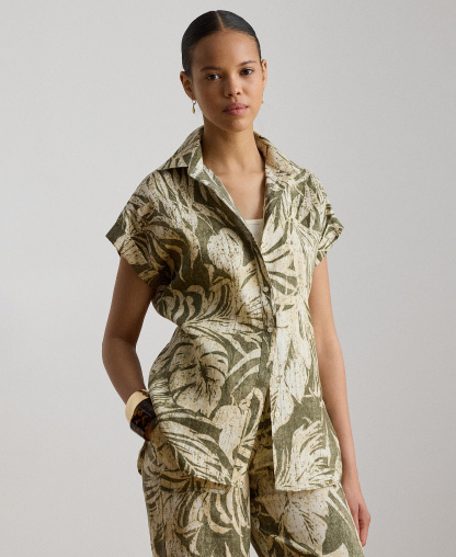 Lauren Ralph Lauren Women's Printed Point Collar Short-Sleeve Shirt - Olive Multi