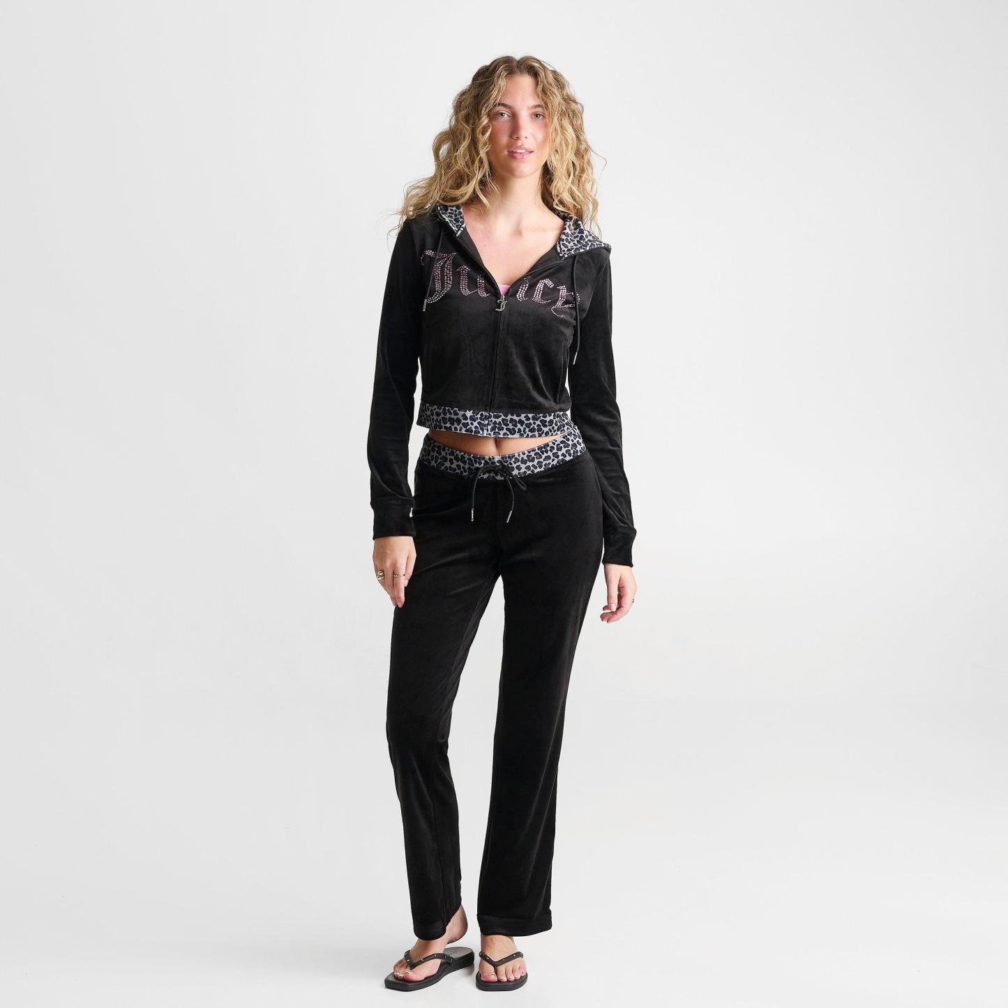 Women's Juicy Couture Bling Front Leopard Print Full-Zip Hoodie - Black/Leopard