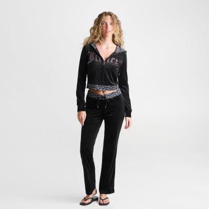 Women's Juicy Couture Bling Front Leopard Print Full-Zip Hoodie - Black/Leopard