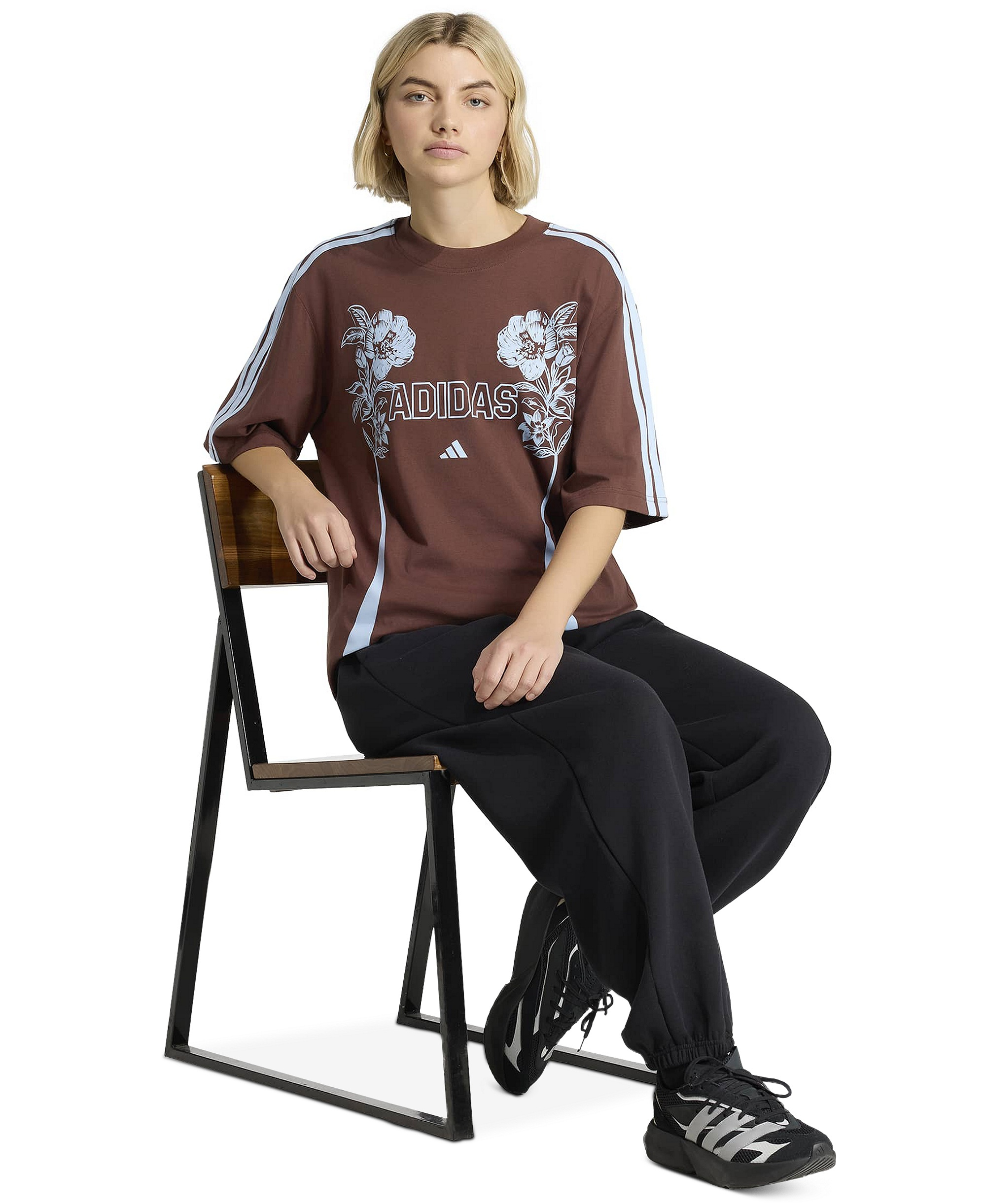 adidas Women's Farm Gfx Tee 2 Retro Graphic-Print 3-Stripes Crewneck T-Shirt - AUBURN/CLE