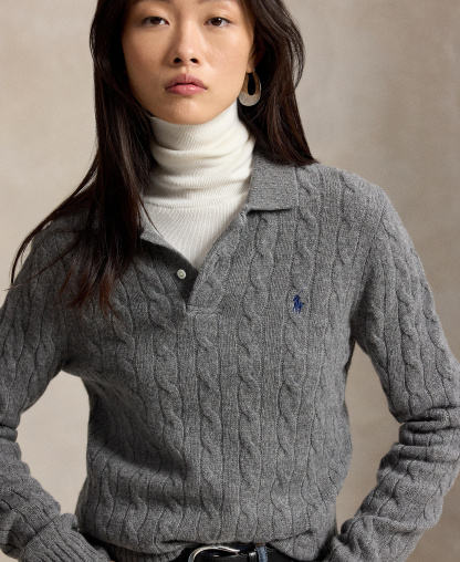 Polo Ralph Lauren Women's Cable-Knit Long-Sleeve Wool-Cashmere Sweater - Flannel Grey Heather