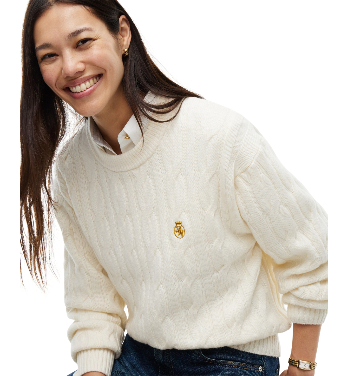 Tommy Hilfiger Women's American Icons 100% Wool Cable-Knit Crewneck Sweater, Macy's Exclusive - Ivory Petal