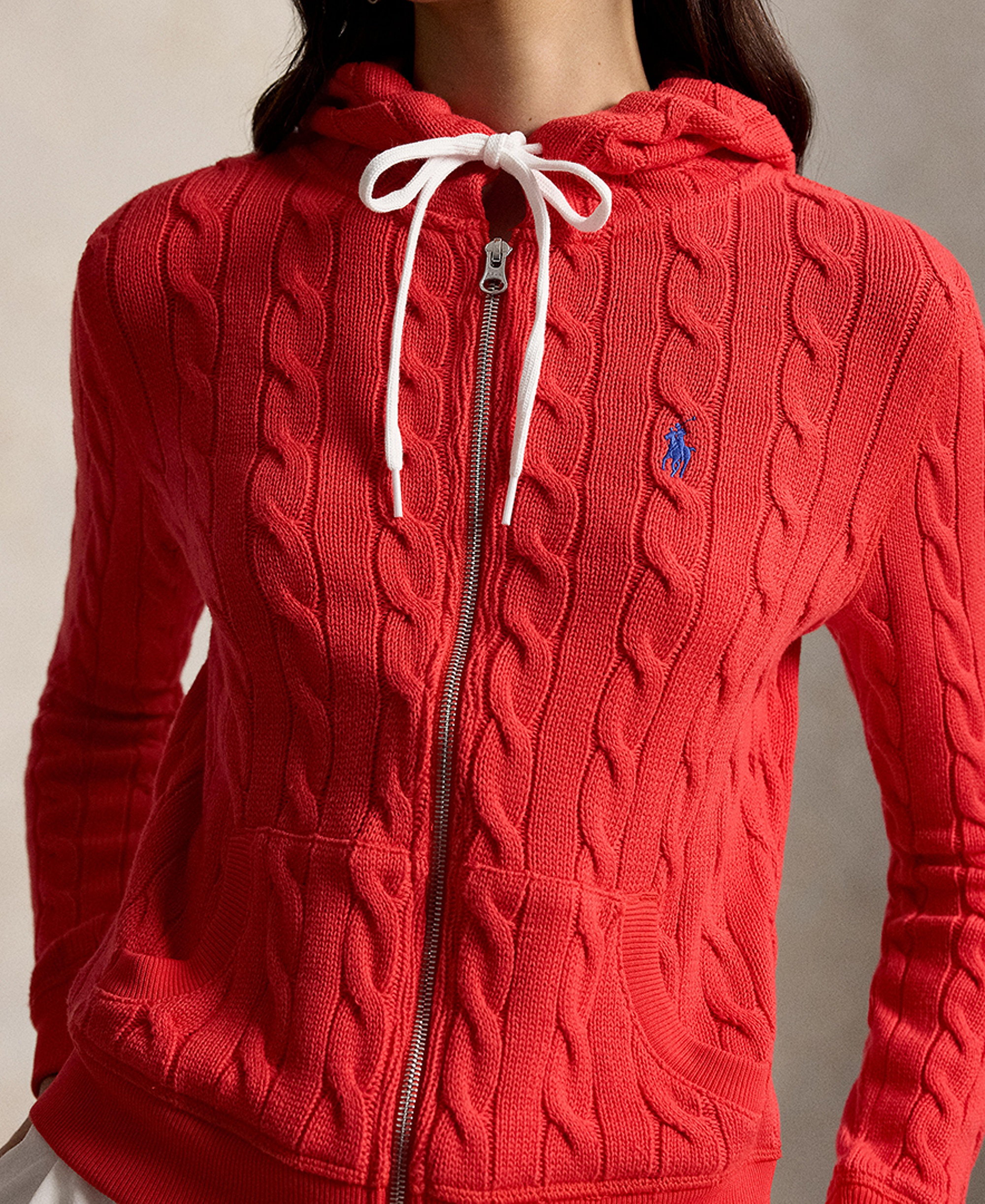 Polo Ralph Lauren Women's Cable-Knit Cotton Full-Zip Hoodie Sweater - Bright Hibiscus