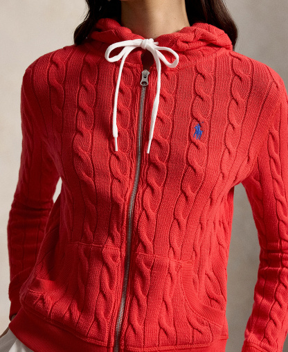 Polo Ralph Lauren Women's Cable-Knit Cotton Full-Zip Hoodie Sweater - Bright Hibiscus