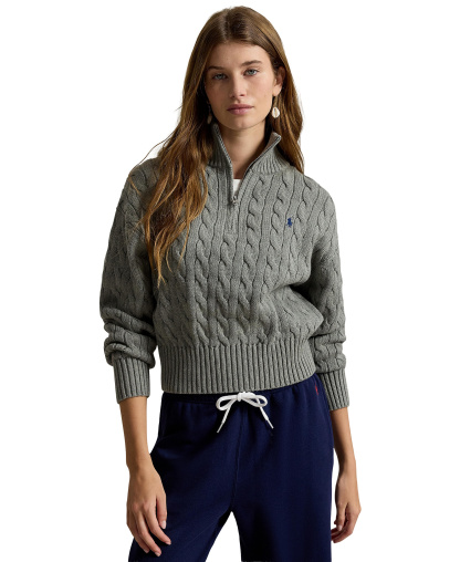 Polo Ralph Lauren Women's Cable-Knit Cotton Quarter-Zip Sweater - Fawn Grey Heather