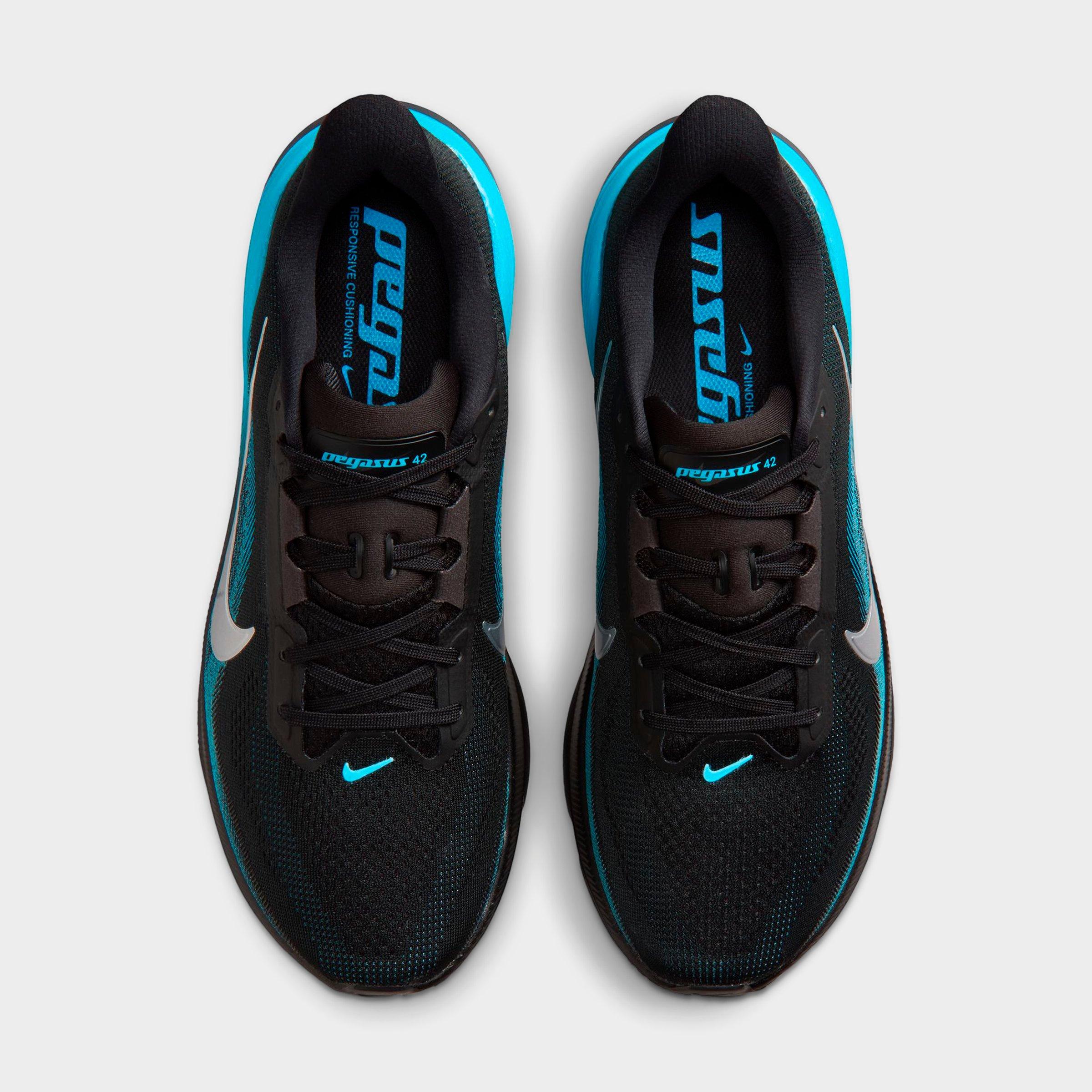 Men's Nithtke Pegasus 42 Running Shoes - Part 1 - Black/Metallic Silver/Light Current Blue - Top view