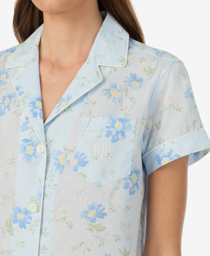 Lauren Ralph Lauren Women's Notch Collar Top and Cropped Pajama Pants, 2-Piece Set - Light Blue Floral