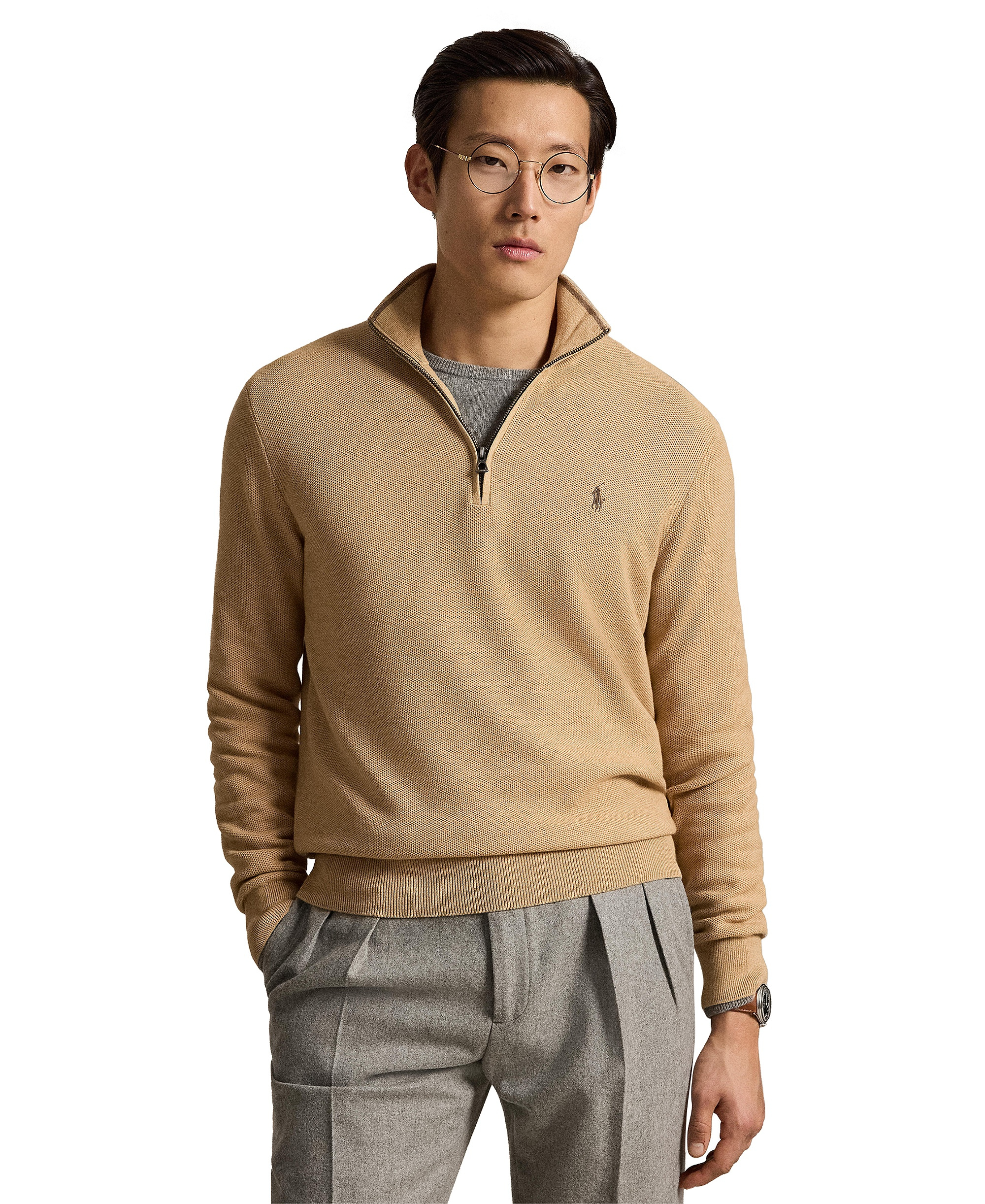 Polo Ralph Lauren Men's Mesh-Knit Cotton Quarter-Zip Sweater - Camel Melange