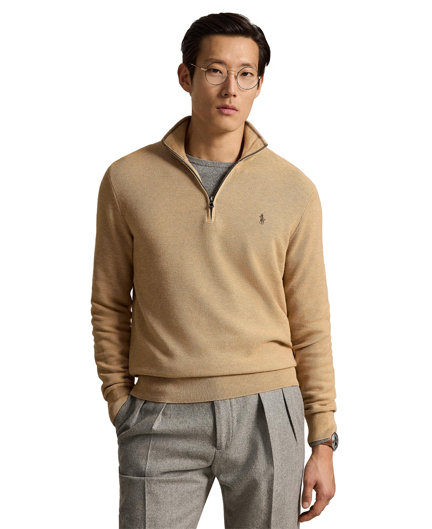 Polo Ralph Lauren Men's Mesh-Knit Cotton Quarter-Zip Sweater - Camel Melange