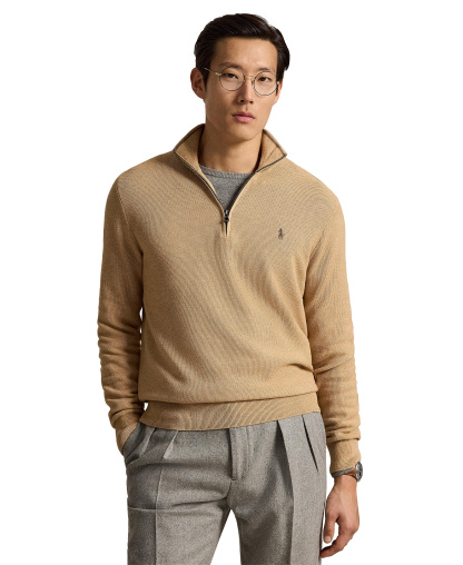 Polo Ralph Lauren Men's Mesh-Knit Cotton Quarter-Zip Sweater - Camel Melange