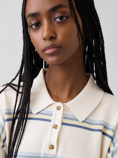 100% Cotton Relaxed Polo Sweater - Ivory beige & blue stripe