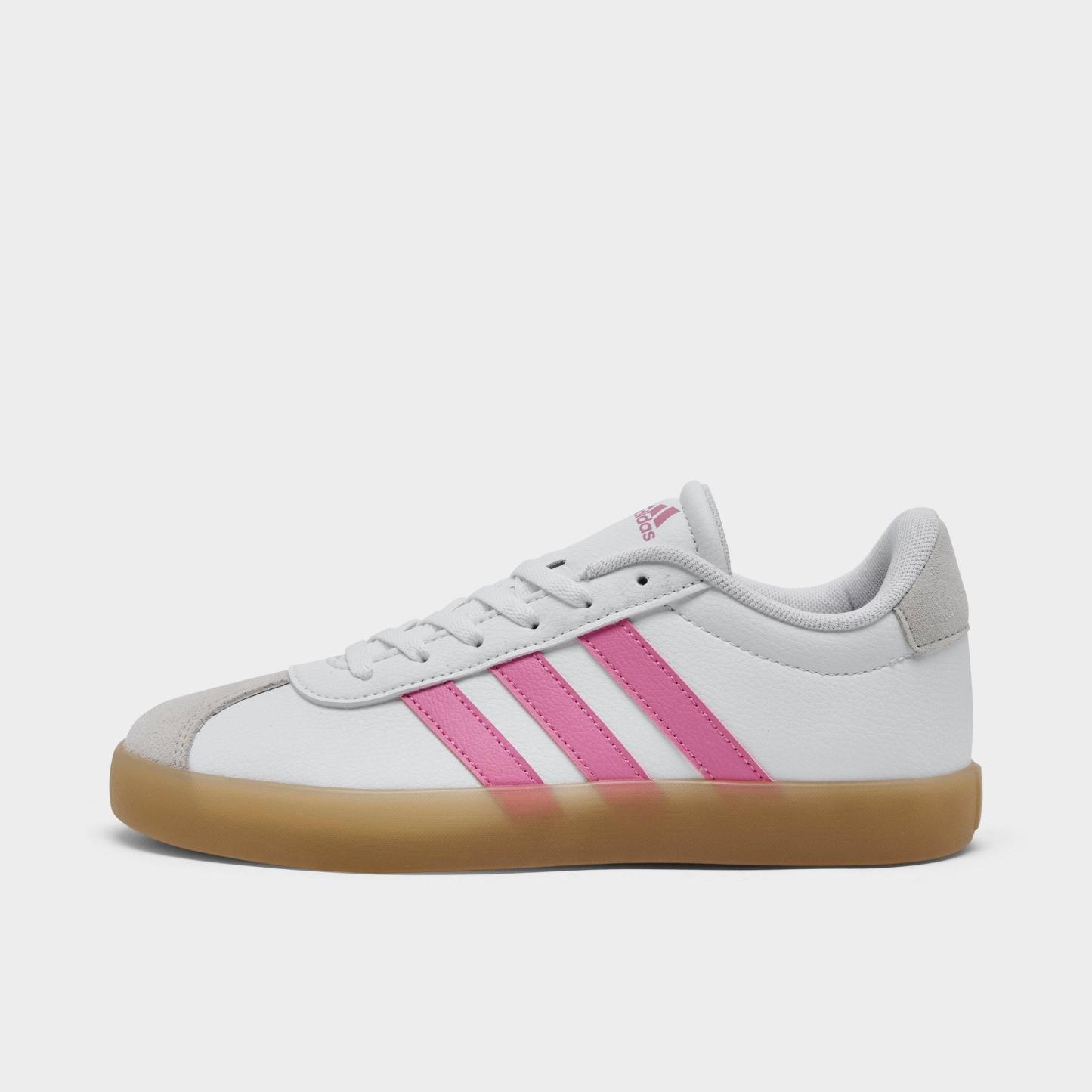 Big Kids' adidas VL Court 3.0 Skateboarding Casual Shoes - White/Pink - Left shoe facing left. Outside of the shoe.