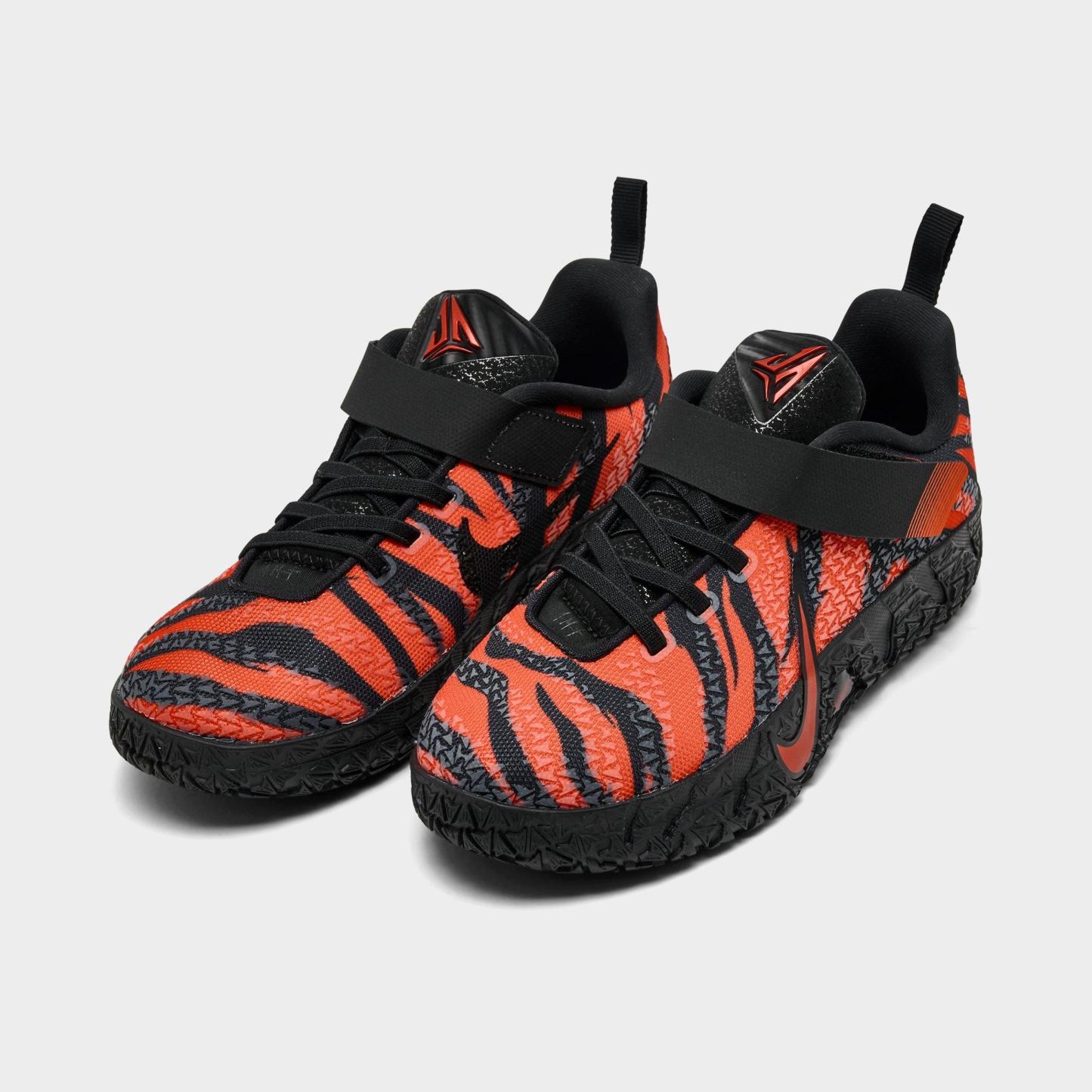 Little Kids' Nithtke Ja 3 Stretch Lace Basketball Shoes - Safety Orange/Black/University Red - Both shoes facing left