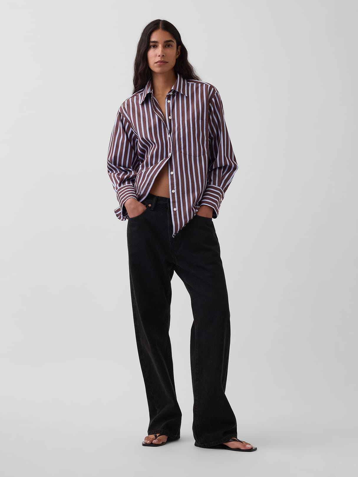 Organic Cotton Poplin Stripe Big Shirt - Brown & blue stripe