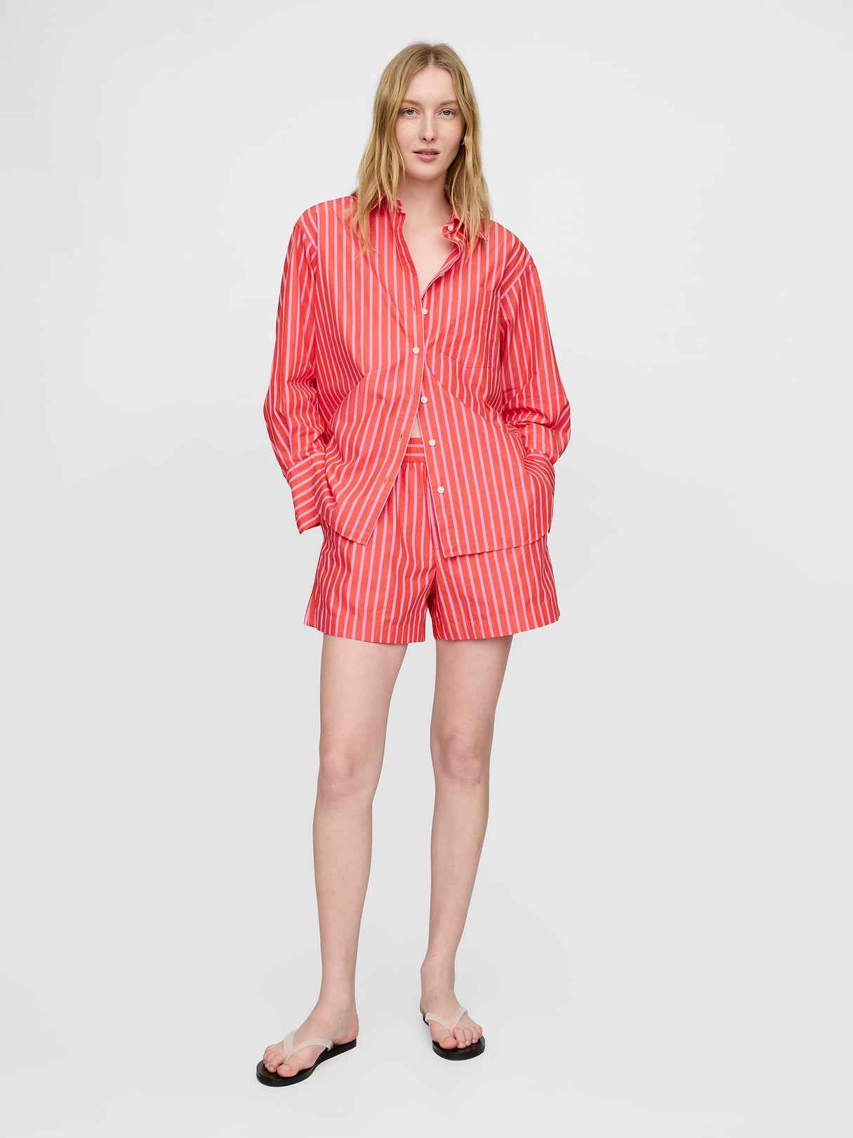 Organic Cotton Poplin Stripe Big Shirt - Pink and red stripe