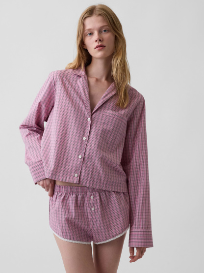 Poplin Oversized Crop PJ Shirt - Pink plaid