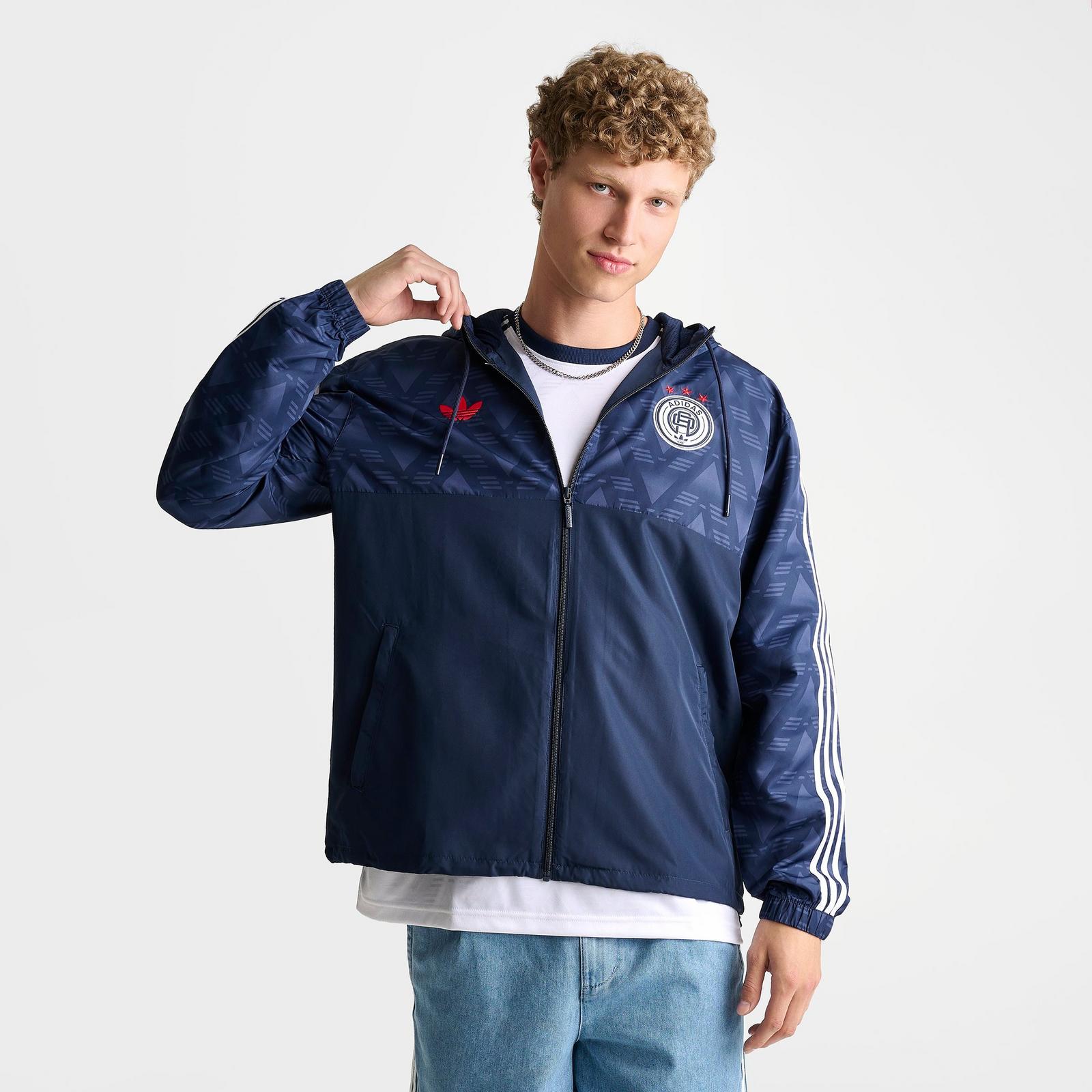 Men's adidas Originals Jacquard Print Soccer Lifestyle Windbreaker Jacket - Collegiate Navy - view 3