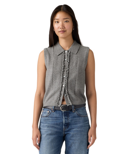 Levi's Premium Women's Super Soft Mini Ruffle-Sleeveless Collared Vest - Dark Heather Gray Bros Bcvc38