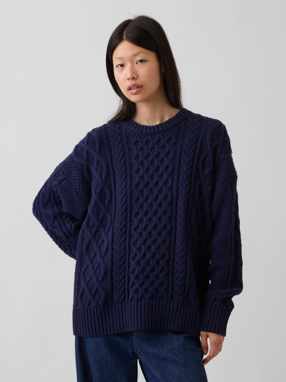 100% Cotton Cable-Knit Oversized Sweater - Navy blue uniform