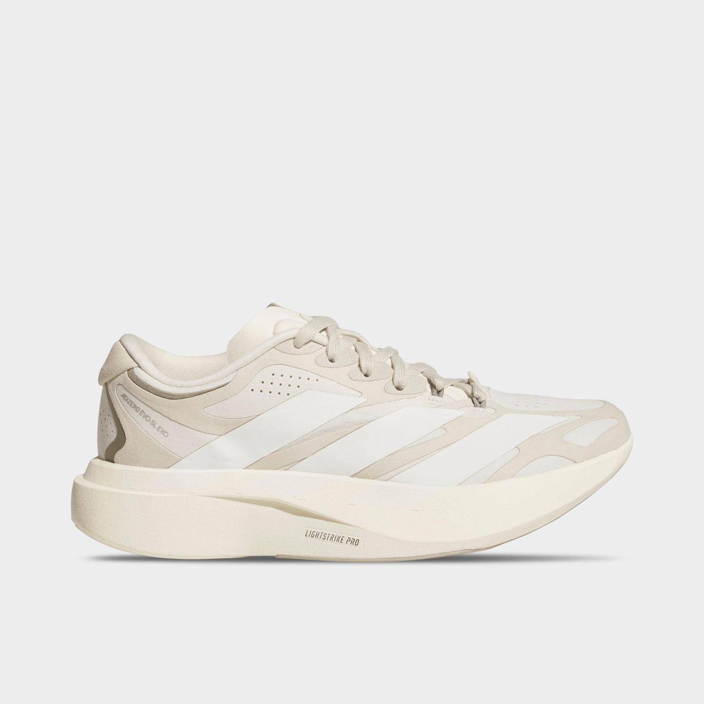 Women's adidas Adizero EVO SL Exo Running Shoes - Part 1 - Wonder White/Cloud White/Crystal Linen - Left shoe facing left. Outside of the shoe.